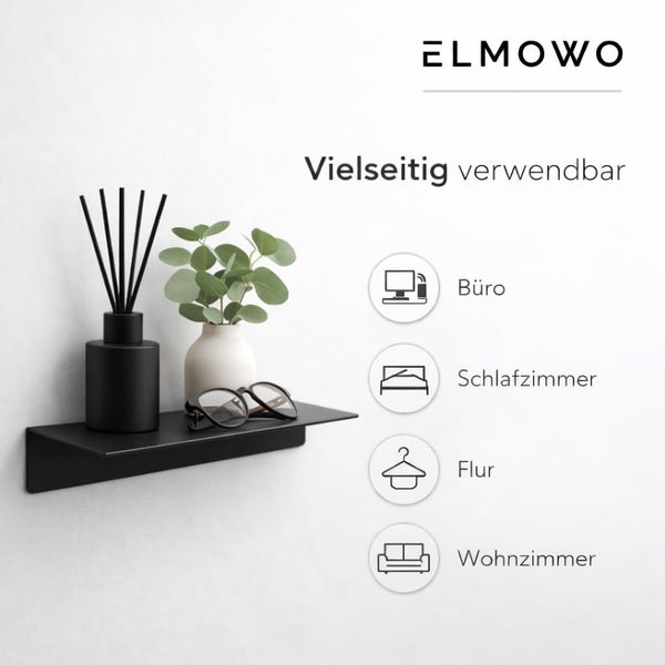 Wandregal aus Metall zur vielseitigen Verwendung in Flur, Wohnzimmer, Schlafzimmer oder Büro mit Dekorationsbeispielen von Elmowo Logo.