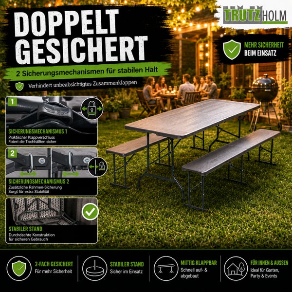 Klappbare Bierzeltgarnitur von Trutzholm mit Sicherheitsmechanismen für stabilen Halt in Garten und Außenbereich.