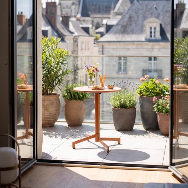 Heller Balkon mit rundem Bistrotisch, verschiedenen Pflanztöpfen mit Blumen und Gräsern sowie Stadtblick im Hintergrund.