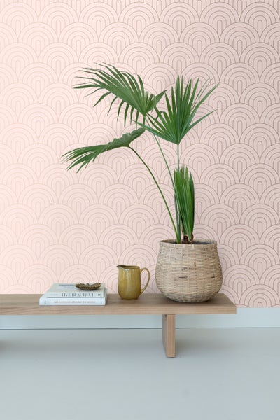 Raumansicht mit gemusterter Tapete, Pflanze in geflochtenem Topf, Krug und Büchern auf einem Regal