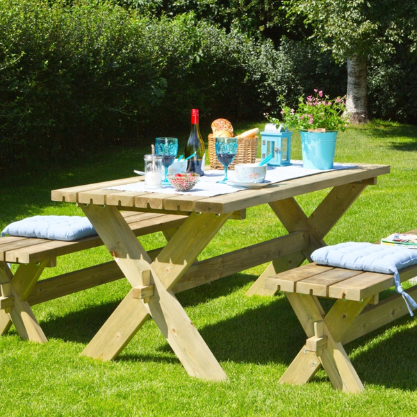 Quadratischer Picknicktisch, Gartentisch, Gartenmöbel  - KDI Holz - 8 Plätze - mit Rückenlehne