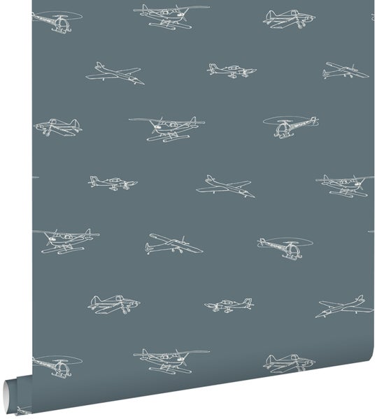 ESTAhome Tapete Flugzeuge und Hubschrauber Graublau - 53 cm x 10,05 m - 139509