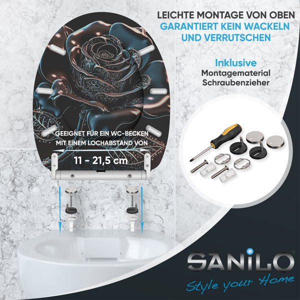 Sanilo WC Sitz mit Rosenmotiv und Montagematerial fuer Lochabstand 11 bis 21,5 Zentimeter inklusive Schraubenzieher zur Montage von oben.