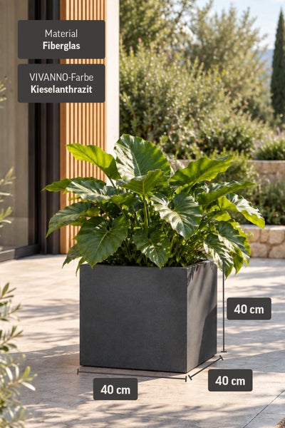 Quadratischer Pflanzkübel in Würfelform, Farbe Anthrazit, aus wetterfestem Material für Garten und Terrasse.