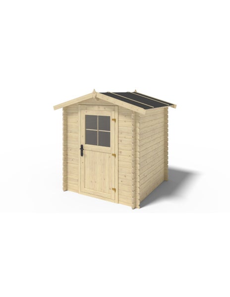 Kleines Gartenhaus aus naturbelassenem Holz mit Satteldach und einer Einzeltür mit Fensterkreuz. Blockbohlenbauweise.
