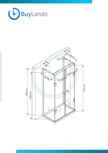 Technische Zeichnung einer Duschkabine mit Maßangaben