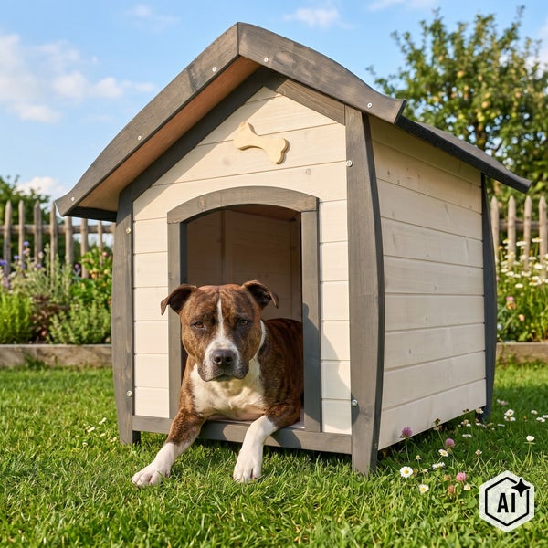 Eine massive Holzhundehütte mit Satteldach und Knochenmotiv steht auf einer Wiese, ein Hund liegt entspannt im Eingangsbereich.