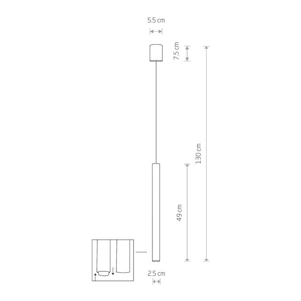 Technische Zeichnung einer schlanken Pendelleuchte mit Maßen für Deckenkappe und Leuchtenkörper sowie einer Gesamthöhe von 130 Zentimetern.