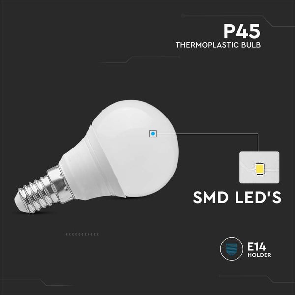P45 LED-Leuchtmittel aus Thermoplast mit E14-Fassung und SMD-LED-Technologie.