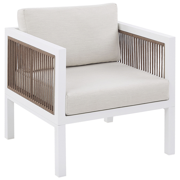 Moderner Lounge Sessel mit Kissen, Metallgestell und Seilgeflecht Armlehnen fuer Terrasse und Garten.