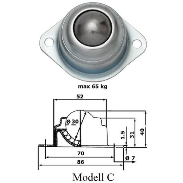 Kugelrolle Modell C mit einer Tragkraft von maximal 65 Kilogramm und technischen Maßangaben in Millimetern.