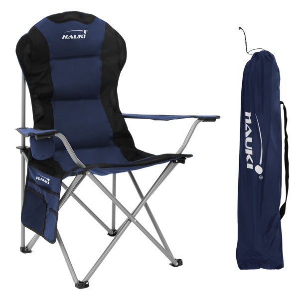 Hauki Campingstuhl faltbar, Blau, Anglerstuhl mit Getränkehalter & Tragetasche, Gartenstuhl klappbar, bis 150kg, Übergroßer Klappstuhl mit Hochlehner, Gepolster Faltstuhl leicht, Angelstuhl tragbar