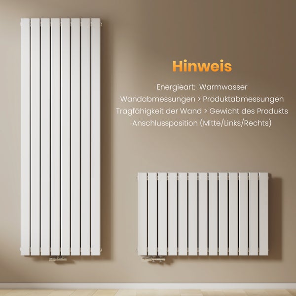 EMKE Badezimmerheizkörper 180x62 cm, 2227W Warmwasserbetrieb, doppellagige Flachrohre, Mittelanschluss, vertikale Montage, glänzend weiß, für Bad und Schlafzimmer