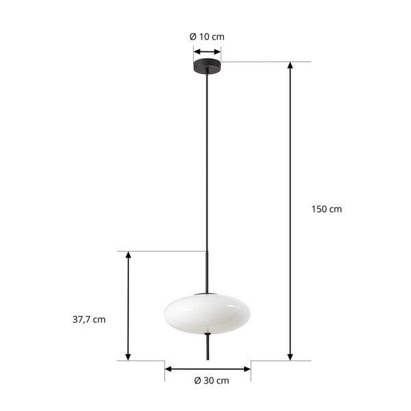 Maßskizze einer Pendelleuchte mit weißem Glasschirm: Gesamthöhe 150 Zentimeter, Durchmesser 30 Zentimeter, Schirmhöhe 37,7 Zentimeter.