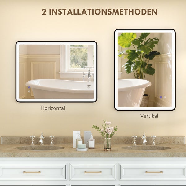 Badezimmerspiegel mit schwarzem Rahmen und LED-Beleuchtung, Darstellung der horizontalen und vertikalen Montage über einem Doppelwaschtisch.