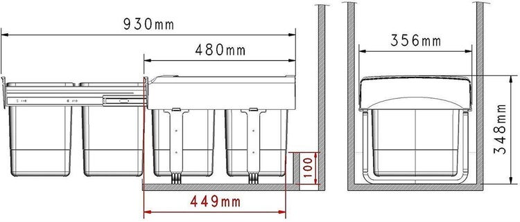 Technische Zeichnung Abfalltrennsystem mit Maßen in Millimeter: 930 Millimeter Gesamttiefe, 348 Millimeter Höhe und 449 Millimeter Breite.