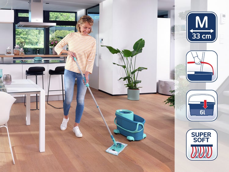 Leifheit Set Clean Twist M Flachwischer Ergo 2.0 mit Rollen, Bodenwischer mit Supersoft Bezug für nebelfeuchte Reinigung auf Parkett, Laminat & Echtholz, Mop mit Click-System und Schleudertechnologie