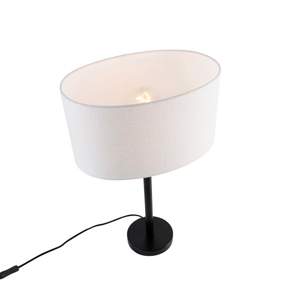 Tischleuchte mit weißem Lampenschirm und schwarzem Fuß