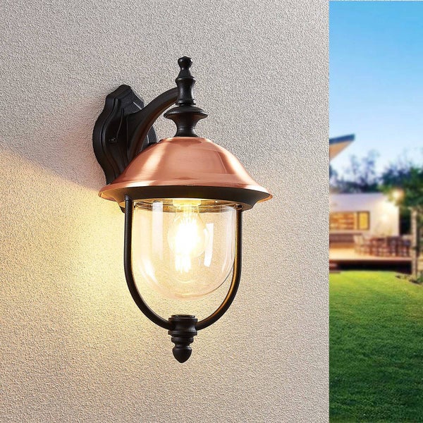 Lindby Wandleuchte außen (Laterne) Clint (spritzwassergeschützt (Retro, Vintage Antik) in Kupfer aus Aluminium (1 flammig E27) - Außenwandleuchten Wandlampe Led Außenlampe Outdoor für