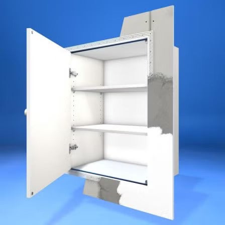 Einbauwandschrank mit offener Tür und zwei Regalböden zum Einbau in eine Trockenbauwand.