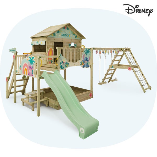 WICKEY Spielturm Disney Stitch Saga mit Rutsche, Picknicktisch, Kletteranbau und Doppelschaukel