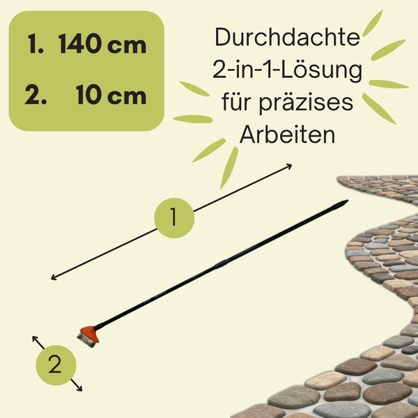 Illustration einer 2-in-1-Lösung für präzises Arbeiten mit Längenangaben von 140 cm und 10 cm.
