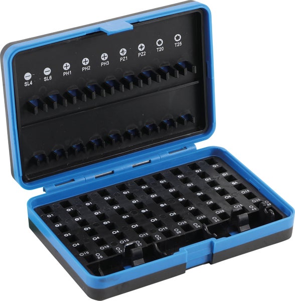 Leere Bit-Box aus Kunststoff mit markierten Steckplätzen für verschiedene Schrauberbits.