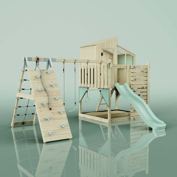 OutdoorToys Spielturm Finn aus Holz in Grün Trapezstange