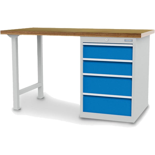 Werkbank mit Holzplatte, Metallgestell und Schubladenschrank mit vier blauen Schubladen.