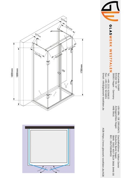 Technische Zeichnung einer Duschkabine mit Maßangaben