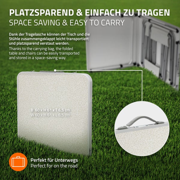 ECD Germany Campingtisch Set mit 4 Hocker, 120x60x55/63/70 cm höhenverstellbar, klappbar, Weiß/Creme, aus Aluminium und MDF, Campingmöbel Set Klappmöbel Klapptisch Falttisch Gartentisch mit 4 Stühle