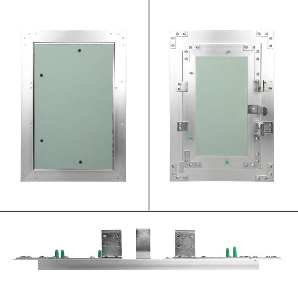 Revisionsklappe aus Aluminium mit Gipskartoneinlage, Ansichten von vorne, hinten und von der Seite.