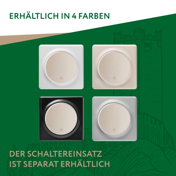 Vier quadratische Wippschalter für Rollläden in verschiedenen Varianten. Der Schaltereinsatz ist separat erhältlich.