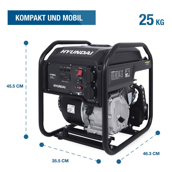 Hyundai Inverter Stromerzeuger HY3800i, 25 Kilogramm, 45.5 Zentimeter hoch, 35.5 Zentimeter breit, 46.3 Zentimeter lang.