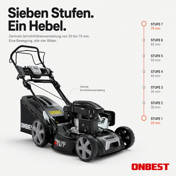 Benzin-Rasenmäher von ONBEST mit zentraler Schnitthöhenverstellung in sieben Stufen von 25 Millimeter bis 75 Millimeter.