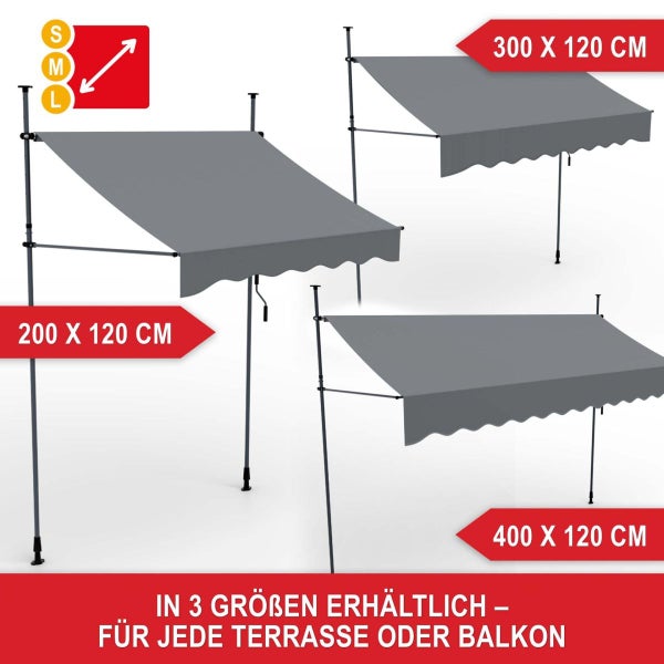 Klemmmarkise in Grau für Balkon und Terrasse, erhältlich in den Größen 200 x 120, 300 x 120 und 400 x 120 Zentimeter.