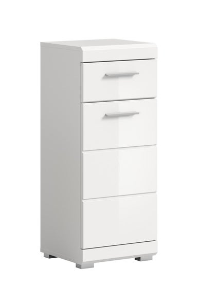 Weißer Badezimmerschrank mit vier Schubladen und glänzendem Finish.