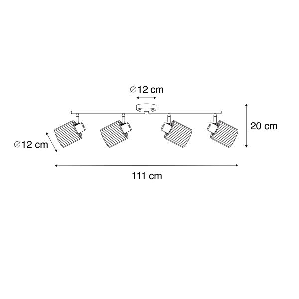 Technische Zeichnung einer Deckenleuchte mit vier Strahlern und den Maßen 111 mal 20 Zentimeter