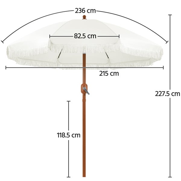 Abbildung eines Sonnenschirms mit den Maßangaben 236 cm, 82.5 cm, 215 cm, 227.5 cm und 118.5 cm.