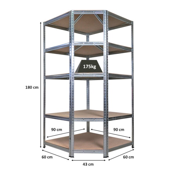 Eckregal mit fünf Böden und Maßangaben