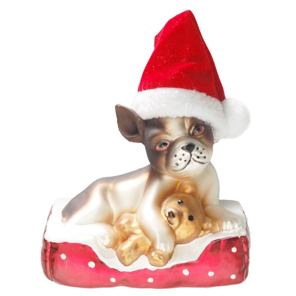 Hund mit Nikolausmütze & Teddy 8cm, Glasornament, mundgeblasen und handdekoriert, 1 Stck., Weihnachtsbaumkugeln, Christbaumschmuck, Weihnachtsbaumanhänger