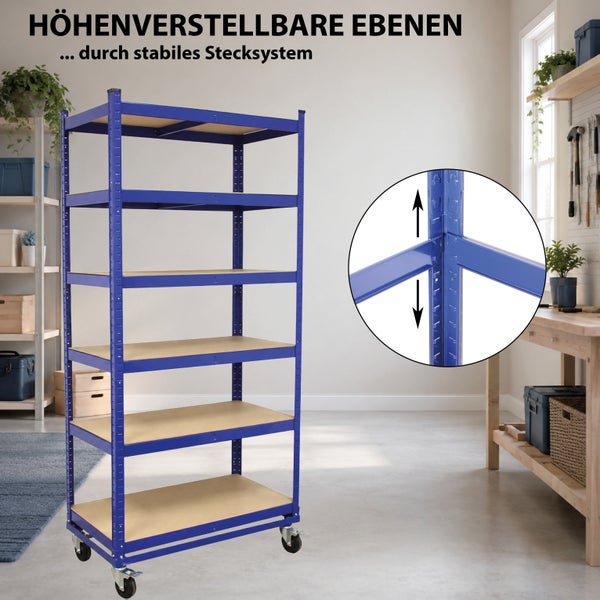 Metallregal mit fünf Ebenen und stabilen Rollen sowie höhenverstellbaren Ablageböden durch ein praktisches Stecksystem für Werkstatt und Keller.