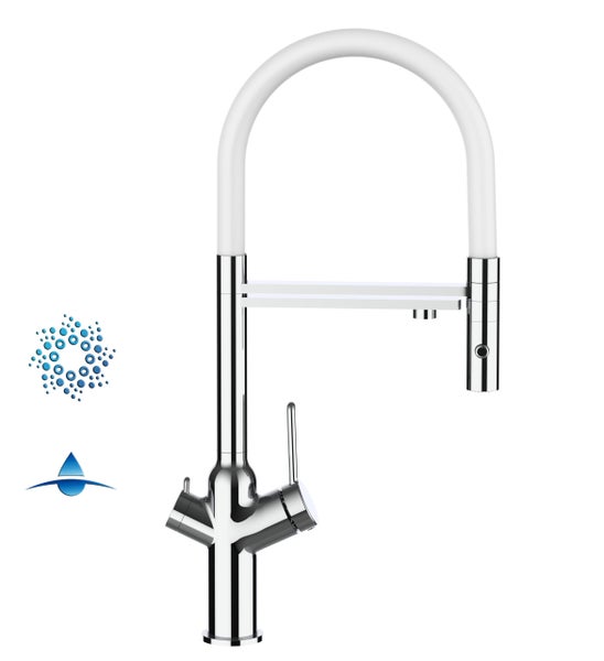 4 Wege Wasserhahn Küchenarmatur, BOD, mit 360° schwenkbarem Auslauf, abnehmbare 2 strahl Handbrause, Verchromt / Weiß