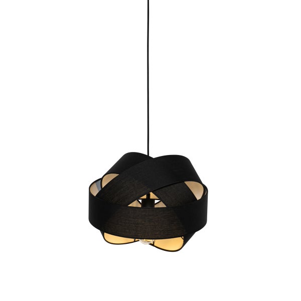 Schwarze Textil-Pendelleuchte mit überkreuzten Bändern und goldfarbener Innenseite.
