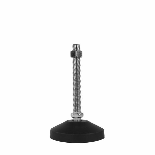 Verstellbarer Möbelfuß aus Metall mit schwarzem Kunststoffteller und Gewindestange inklusive zwei Muttern zur Höhenregulierung.
