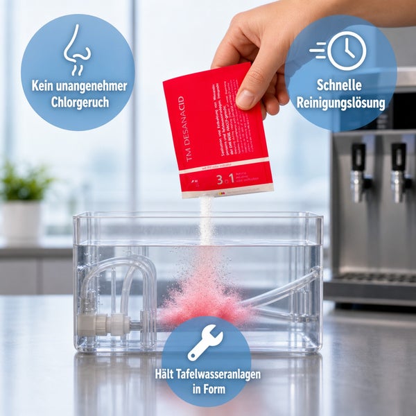 TM DESANACID Reinigungspulver für Tafelwasseranlagen in einem transparenten Wasserbehälter mit Symbolen für Geruchsneutralität und Schnelligkeit.