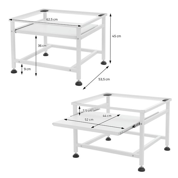 ML-Design Waschmaschinen-Untergestell mit ausziehbarer Ablage, Weiß, 62,5x53,5x45 cm, aus Stahl, bis 150kg, höhenverstellbaren Füße, Waschmaschinensockel Trocknersockel Podest Unterschrank Erhöhung