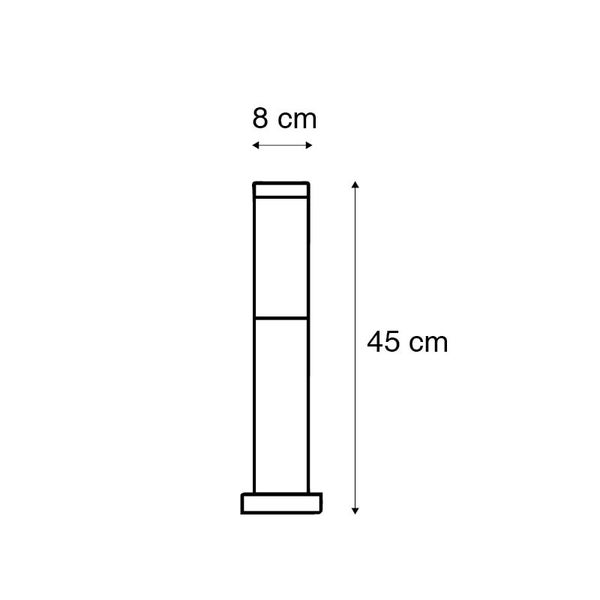 Skizze einer Pollerleuchte mit einer Höhe von 45 Zentimeter und einer Breite von 8 Zentimeter.