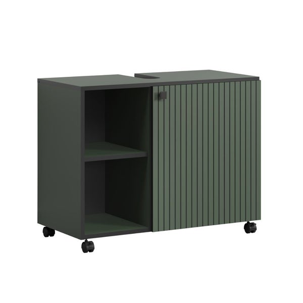 Waschtischunterschrank mit Rollen und offenem Regal sowie Front mit Rillenstruktur