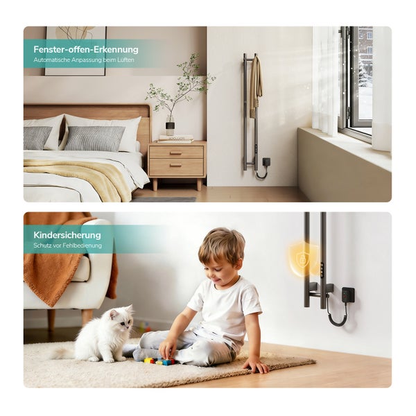 Elektrischer Badheizkörper im modernen Schlafzimmer mit Fenster-offen-Erkennung und Kindersicherung zum Schutz vor Fehlbedienung.